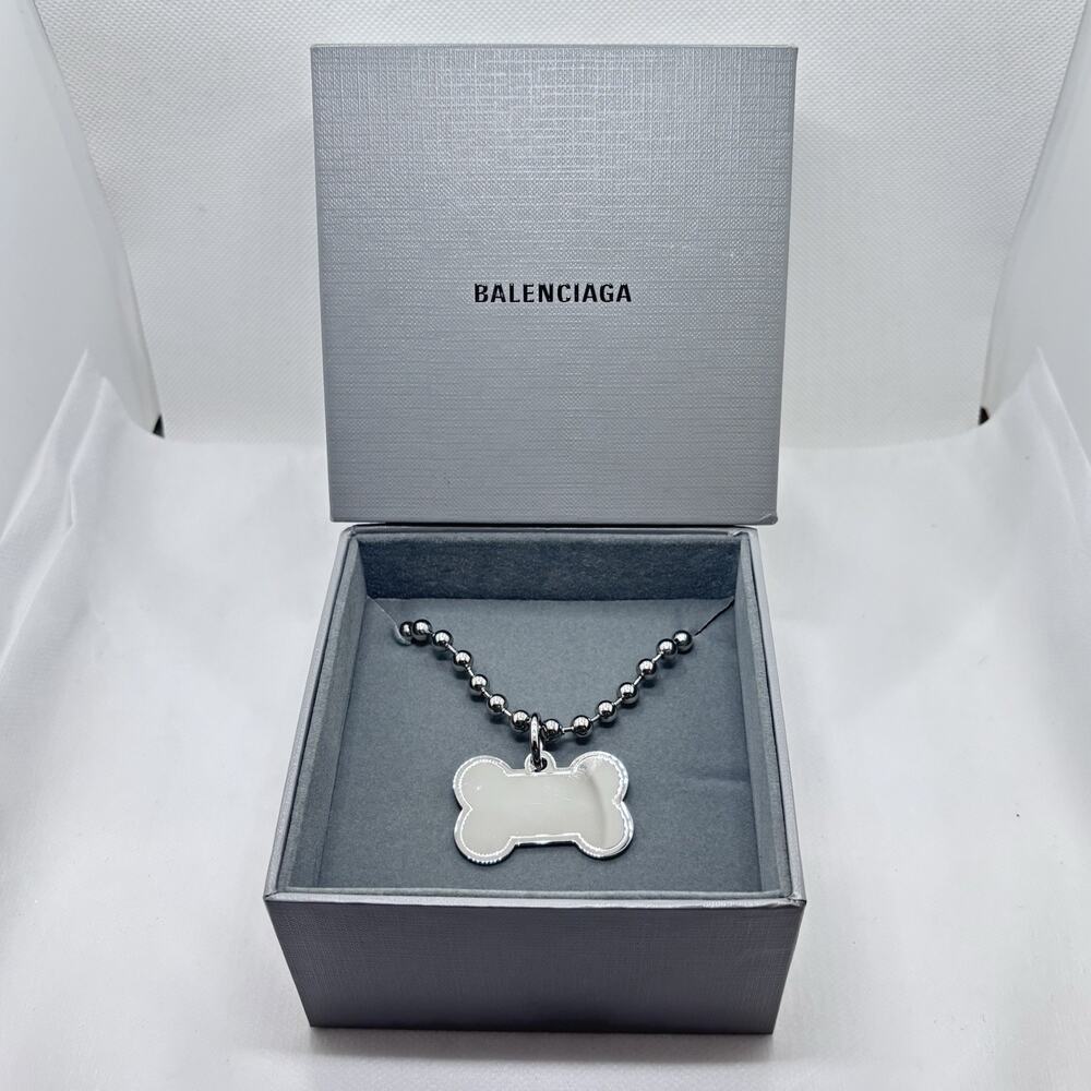 BALENCIAGA Silver & Crystal Dog Tag Bone Logo Ball Chain Necklace